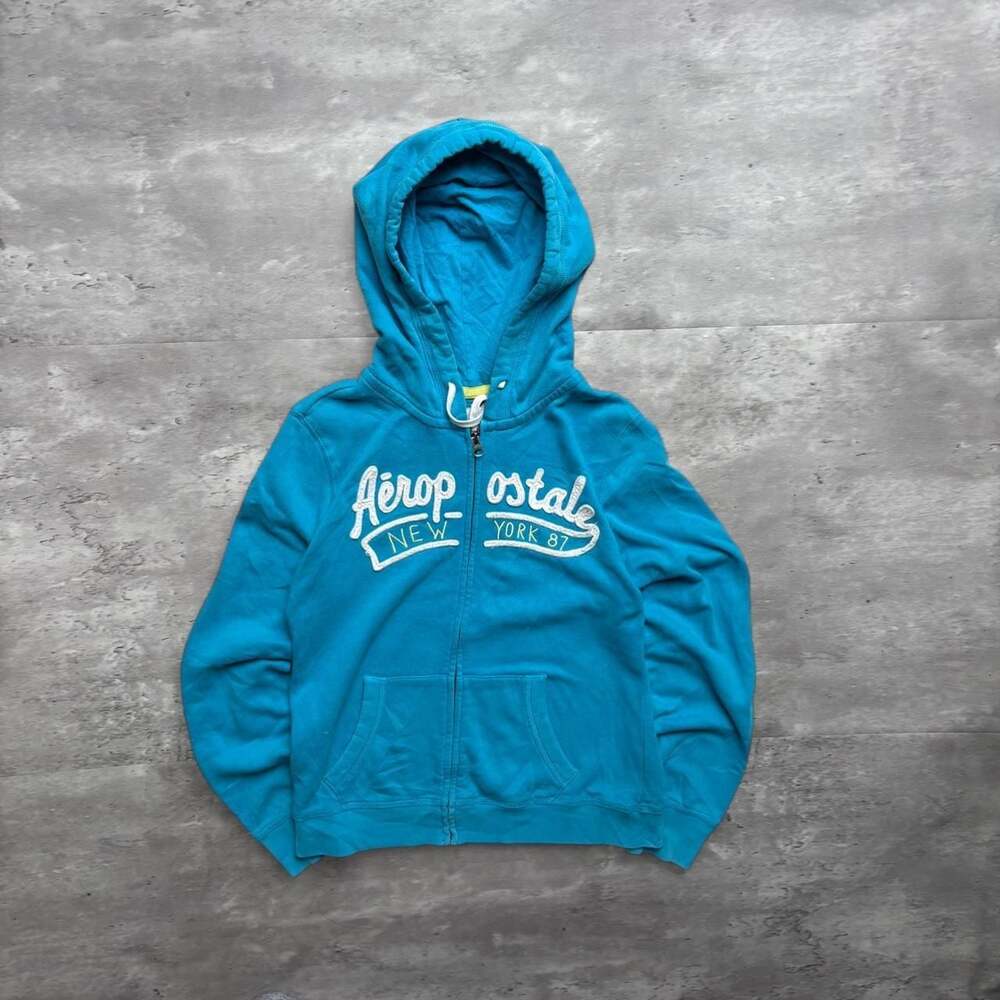Vintage Aeropostale Y2K Zip Up Hoodie, Teal Blue Logo, Size L